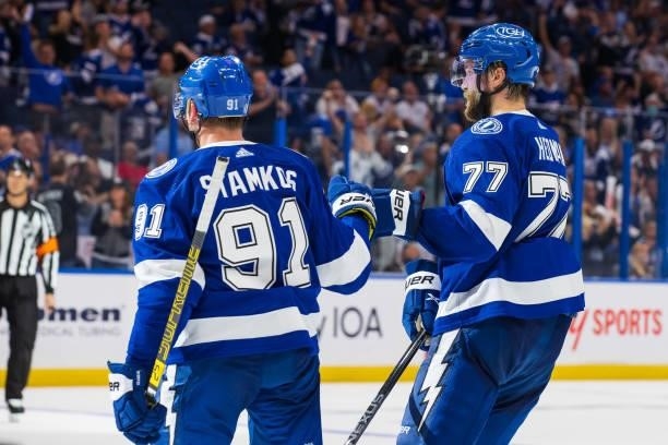 Victor Hedman and Steven Stamkos of the Tampa Bay Lightning celebrate a goal against the Pittsburgh Penguins during the third period at Amalie Arena...