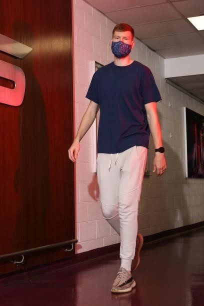 Davis Bertans of the Washington Wizards arrives to the arena before the preseason game against the Toronto Raptors on October 12, 2021 at Capital One...