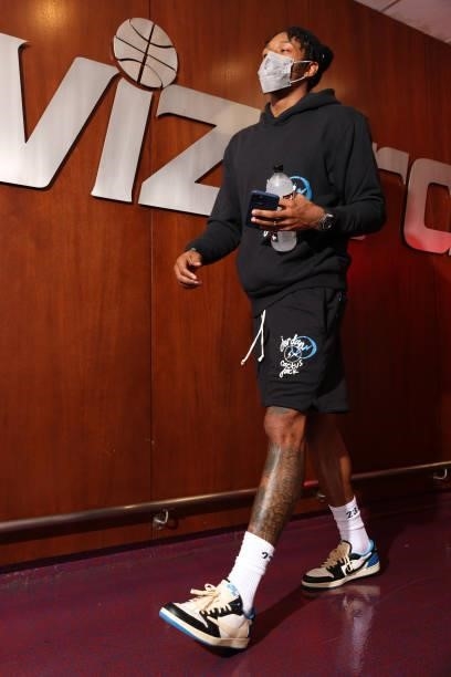 Bradley Beal of the Washington Wizards arrives to the arena before the preseason game against the Toronto Raptors on October 12, 2021 at Capital One...