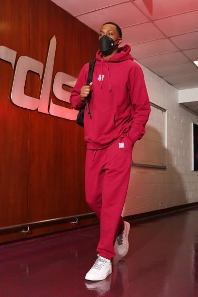 Kentavious Caldwell-Pope of the Washington Wizards arrives to the arena before the preseason game against the Toronto Raptors on October 12, 2021 at...