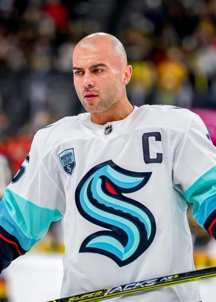 Mark Giordano of the Seattle Kraken takes part in the pre-game warm up prior to NHL action against the Vegas Golden Knights at T-Mobile Arena on...