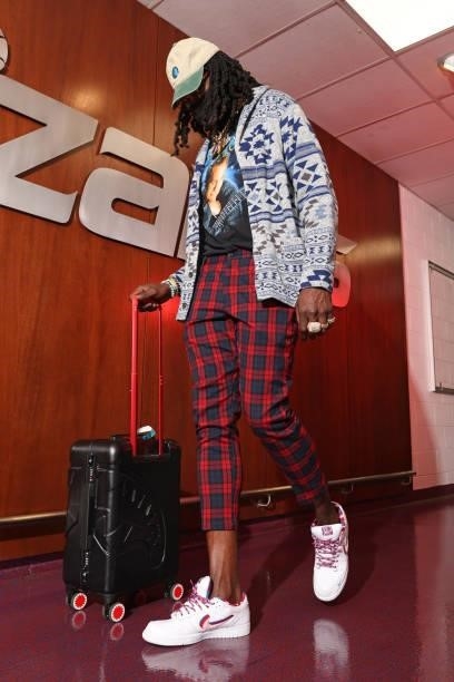 Montrezl Harrell of the Washington Wizards arrives to the arena before the preseason game against the Toronto Raptors on October 12, 2021 at Capital...
