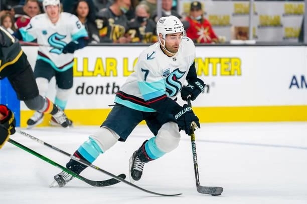 Jordan Eberle of the Seattle Kraken plays the puck during first period action against the Vegas Golden Knights at T-Mobile Arena on October 12, 2021...