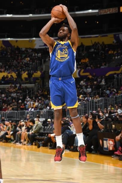 Andrew Wiggins of the Golden State Warriors shoots a three point basket during a preseason game against the Los Angeles Lakers on October 12, 2021 at...