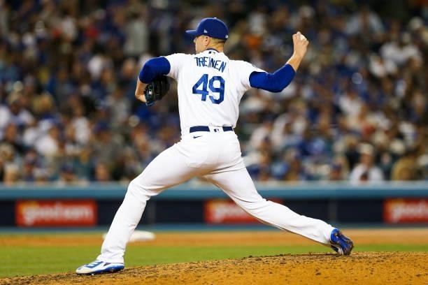 Blake Treinen of the Los Angeles Dodgers pitches during Game 4 of the NLDS between the San Francisco Giants and the Los Angeles Dodgers at Dodgers...