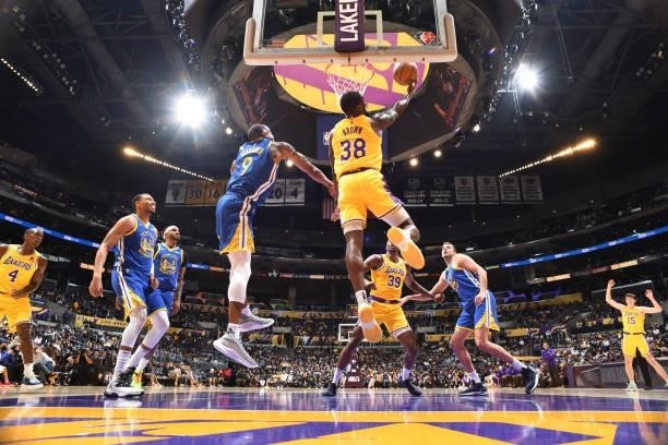 Chaundee Brown of the Los Angeles Lakers shoots the ball during a preseason game against the Golden State Warriors on October 12, 2021 at STAPLES...