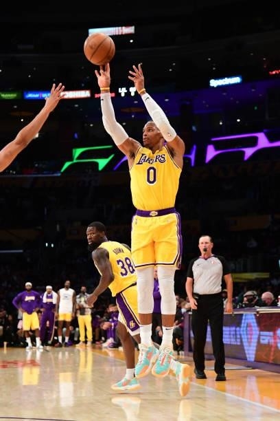 Russell Westbrook of the Los Angeles Lakers shoots the ball during a preseason game against the Golden State Warriors on October 12, 2021 at STAPLES...