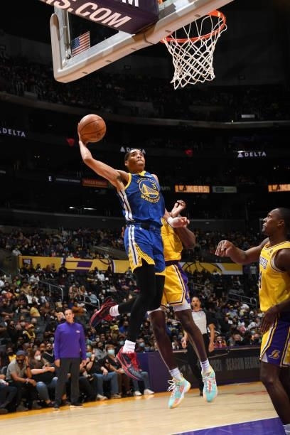 Jordan Poole of the Golden State Warriors drives to the basket during a preseason game against the Los Angeles Lakers on October 12, 2021 at STAPLES...