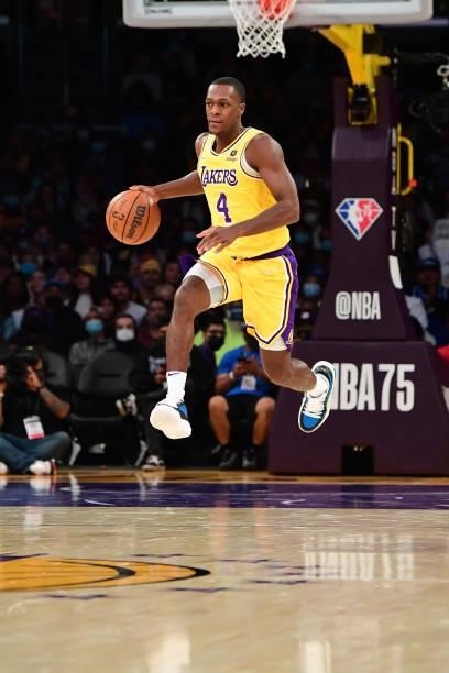 Rajon Rondo of the Los Angeles Lakers dribbles the ball during a preseason game against the Golden State Warriors on October 12, 2021 at STAPLES...