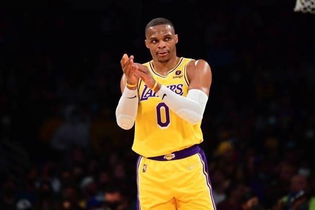 Russell Westbrook of the Los Angeles Lakers claps during a preseason game against the Golden State Warriors on October 12, 2021 at STAPLES Center in...