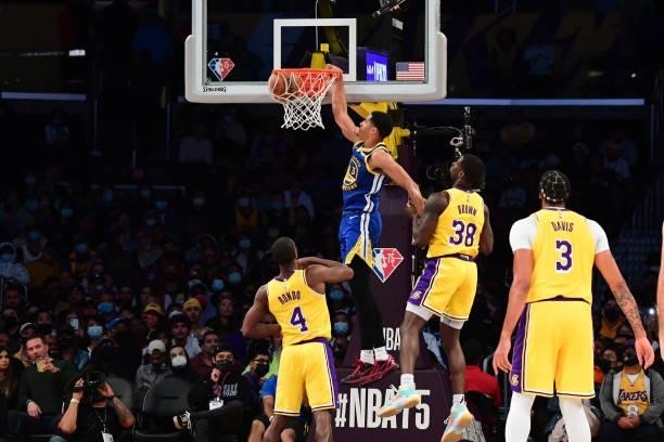 Jordan Poole of the Golden State Warriors dunks the ball during a preseason game against the Los Angeles Lakers on October 12, 2021 at STAPLES Center...