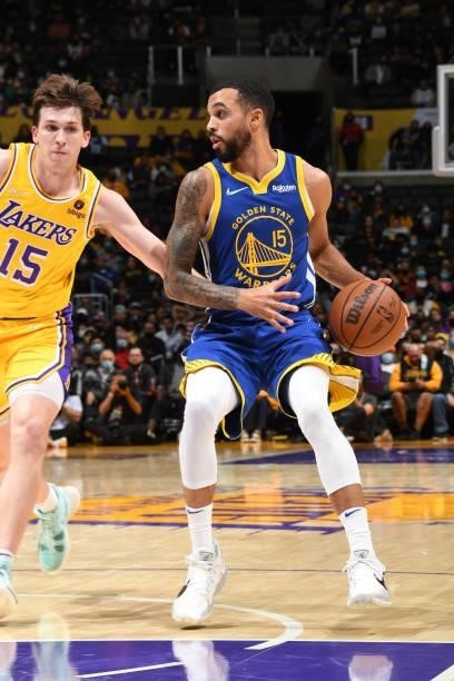 Mychal Mulder of the Golden State Warriors handles the ball during a preseason game against the Los Angeles Lakers on October 12, 2021 at STAPLES...