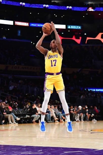 Joel Ayayi of the Los Angeles Lakers shoots the ball during a preseason game against the Golden State Warriors on October 12, 2021 at STAPLES Center...