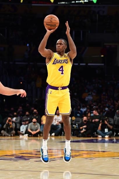 Rajon Rondo of the Los Angeles Lakers shoots the ball during a preseason game against the Golden State Warriors on October 12, 2021 at STAPLES Center...