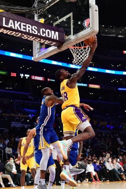 Chaundee Brown of the Los Angeles Lakers shoots the ball during a preseason game against the Golden State Warriors on October 12, 2021 at STAPLES...