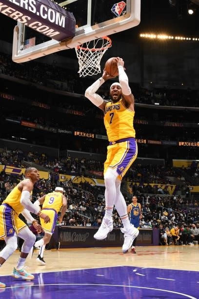 Carmelo Anthony of the Los Angeles Lakers catches the rebound during a preseason game against the Golden State Warriors on October 12, 2021 at...
