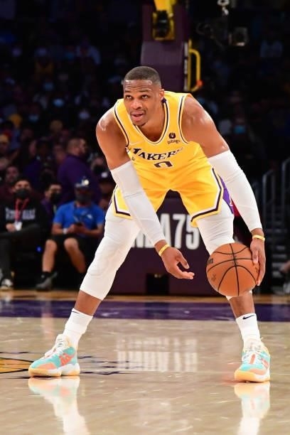 Russell Westbrook of the Los Angeles Lakers handles the ball during a preseason game against the Golden State Warriors on October 12, 2021 at STAPLES...
