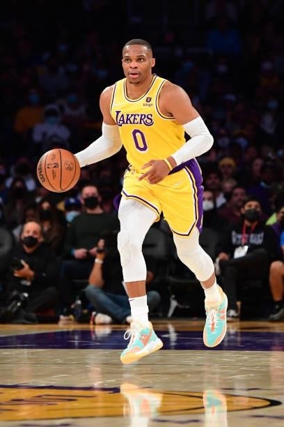 Russell Westbrook of the Los Angeles Lakers dribbles the ball during a preseason game against the Golden State Warriors on October 12, 2021 at...