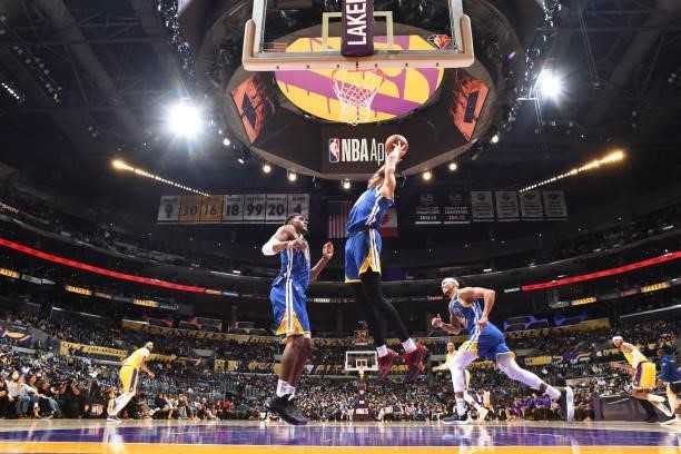 Jordan Poole of the Golden State Warriors catches the rebound during a preseason game against the Los Angeles Lakers on October 12, 2021 at STAPLES...
