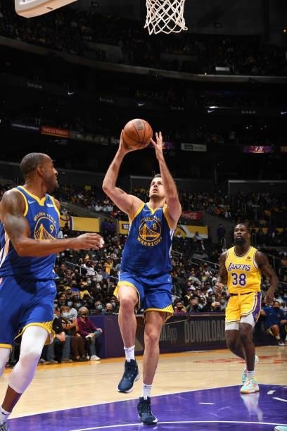 Nemanja Bjelica of the Golden State Warriors drives to the basket during a preseason game against the Los Angeles Lakers on October 12, 2021 at...