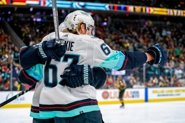Morgan Geekie of the Seattle Kraken celebrates his third period goal against the Vegas Golden Knights at T-Mobile Arena on October 12, 2021 in Las...