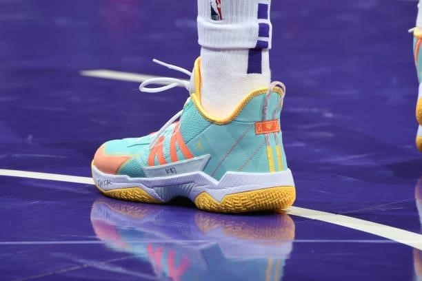 The sneakers worn by Russell Westbrook of the Los Angeles Lakers during a preseason game against the Golden State Warriors on October 12, 2021 at...