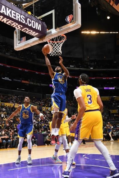 Andrew Wiggins of the Golden State Warriors shoots the ball during a preseason game against the Los Angeles Lakers on October 12, 2021 at STAPLES...
