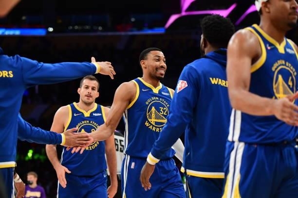 Otto Porter Jr. #32 of the Golden State Warriors smiles during a preseason game against the Los Angeles Lakers on October 12, 2021 at STAPLES Center...
