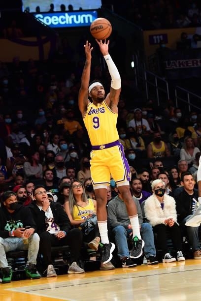 Kent Bazemore of the Los Angeles Lakers shoots the ball during a preseason game against the Golden State Warriors on October 12, 2021 at STAPLES...