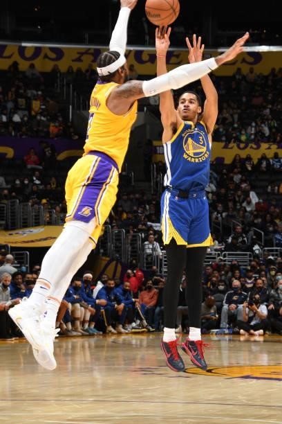 Jordan Poole of the Golden State Warriors shoots a three point basket during a preseason game against the Los Angeles Lakers on October 12, 2021 at...