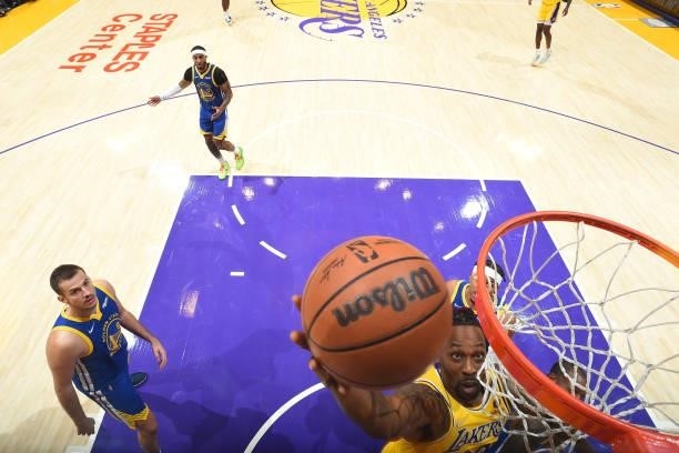 Dwight Howard of the Los Angeles Lakers shoots the ball during a preseason game against the Golden State Warriors on October 12, 2021 at STAPLES...