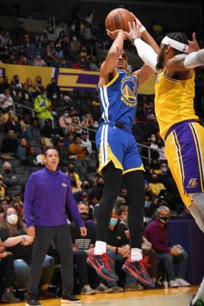 Jordan Poole of the Golden State Warriors shoots the ball during a preseason game against the Los Angeles Lakers on October 12, 2021 at STAPLES...