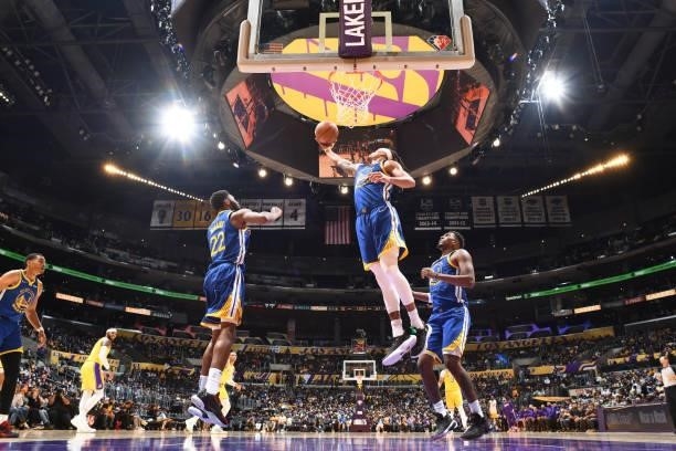 Damion Lee of the Golden State Warriors catches the rebound during a preseason game against the Los Angeles Lakers on October 12, 2021 at STAPLES...