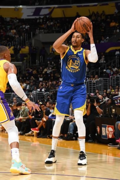 Otto Porter Jr. #32 of the Golden State Warriors handles the ball during a preseason game against the Los Angeles Lakers on October 12, 2021 at...