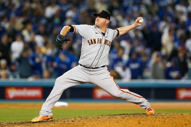 Jake McGee of the San Francisco Giants pitches during Game 4 of the NLDS between the San Francisco Giants and the Los Angeles Dodgers at Dodgers...