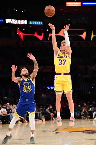 Mac McClung of the Los Angeles Lakers shoots the ball during a preseason game against the Golden State Warriors on October 12, 2021 at STAPLES Center...