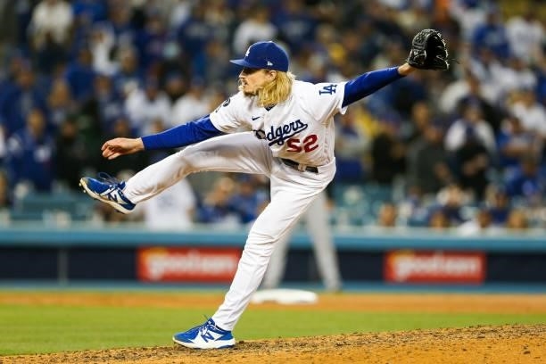 Phil Bickford of the Los Angeles Dodgers pitches during Game 4 of the NLDS between the San Francisco Giants and the Los Angeles Dodgers at Dodgers...