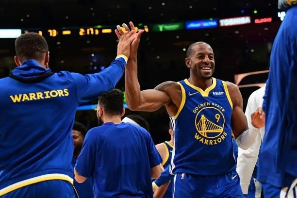Andre Iguodala of the Golden State Warriors celebrates during a preseason game against the Los Angeles Lakers on October 12, 2021 at STAPLES Center...