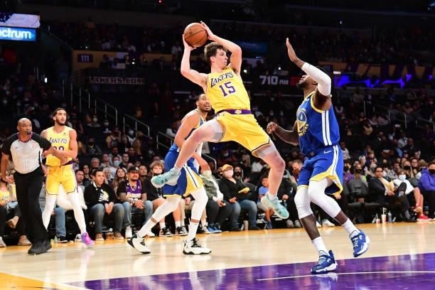 Austin Reaves of the Los Angeles Lakers looks to pass the ball during a preseason game against the Golden State Warriors on October 12, 2021 at...