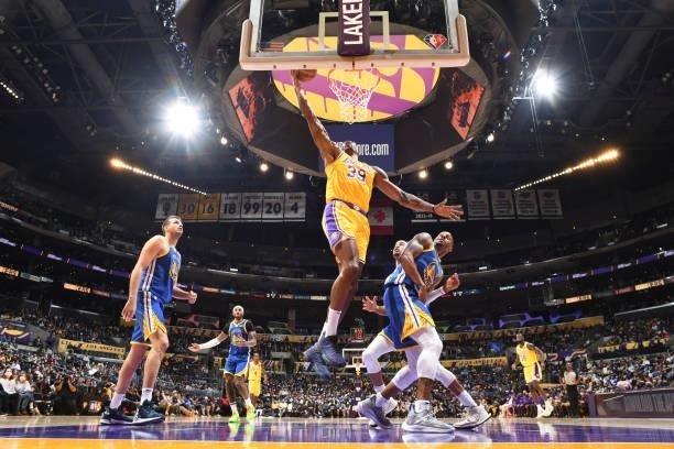 Dwight Howard of the Los Angeles Lakers shoots the ball during a preseason game against the Golden State Warriors on October 12, 2021 at STAPLES...