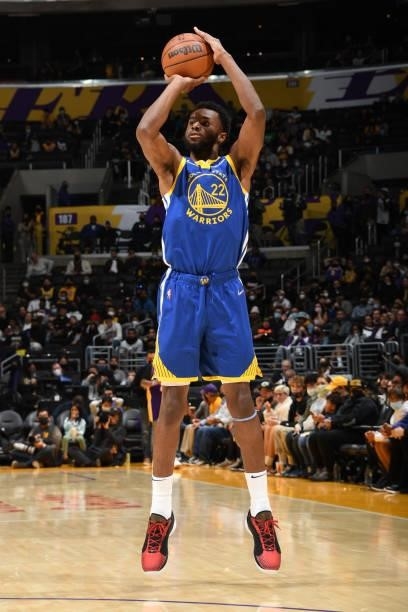 Andrew Wiggins of the Golden State Warriors shoots a three point basket during a preseason game against the Los Angeles Lakers on October 12, 2021 at...