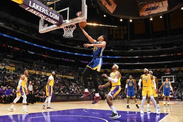 Jordan Poole of the Golden State Warriors shoots the ball during a preseason game against the Los Angeles Lakers on October 12, 2021 at STAPLES...