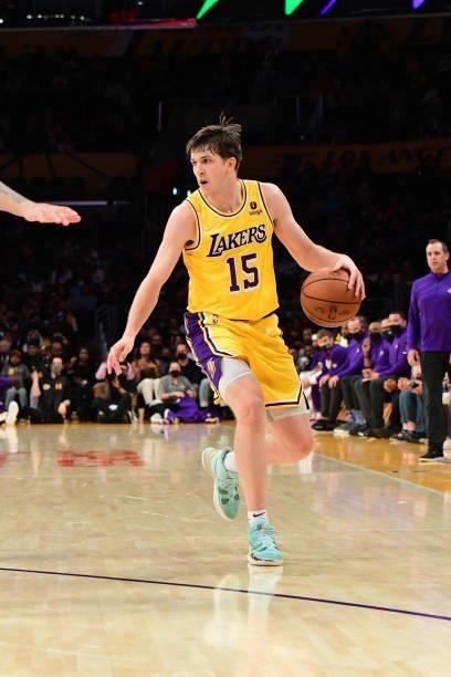 Austin Reaves of the Los Angeles Lakers dribbles the ball during a preseason game against the Golden State Warriors on October 12, 2021 at STAPLES...