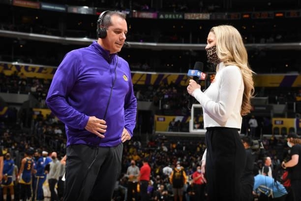 Head Coach Frank Vogel of the Los Angeles Lakers interviews during a preseason game against the Golden State Warriors on October 12, 2021 at STAPLES...