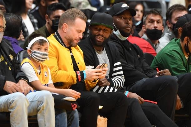 Boxer, Floyd Mayweather attends the preseason game between the Golden State Warriors and the Los Angeles Lakers on October 12, 2021 at STAPLES Center...