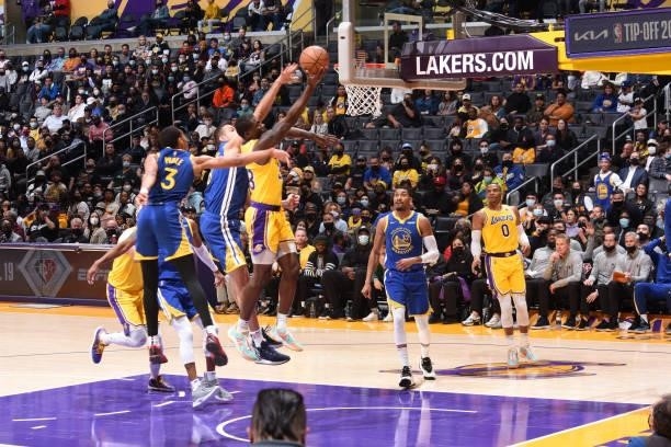 Chaundee Brown of the Los Angeles Lakers drives to the basket during a preseason game against the Golden State Warriors on October 12, 2021 at...