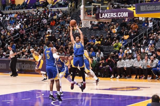 Jordan Poole of the Golden State Warriors catches the rebound during a preseason game against the Los Angeles Lakers on October 12, 2021 at STAPLES...