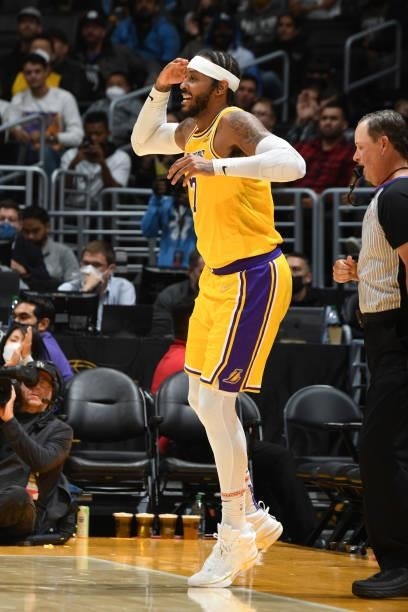 Carmelo Anthony of the Los Angeles Lakers celebrates during a preseason game against the Golden State Warriors on October 12, 2021 at STAPLES Center...