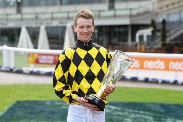 Damien Thornton after winning the Schweppes Thousand Guineas aboard Yearning at Caulfield Racecourse on October 13, 2021 in Caulfield, Australia.