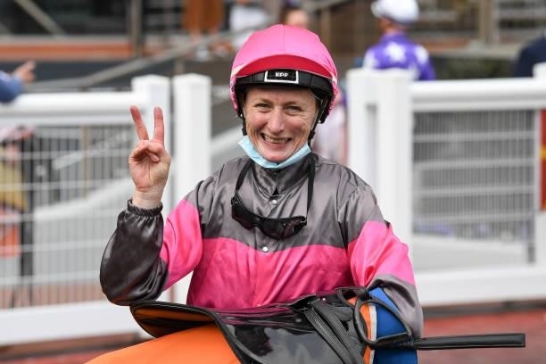 Linda Meech returns to the mounting yard after winning the Catanach's Jewellers Ladies' Day Vase at Caulfield Racecourse on October 13, 2021 in...